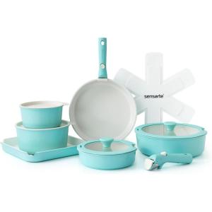 imageSENSARTE 17 Piece Pots and Pans Set Nonstick Detachable Handle Cookware Set Induction Kitchen Cookware Set with Removable Handle Healthy Non Stick for RV Dishwasher  Oven Safe PFOA Free WhiteTurquoise