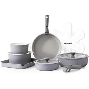 imageSENSARTE 17 Piece Pots and Pans Set Nonstick Detachable Handle Cookware Set Induction Kitchen Cookware Set with Removable Handle Healthy Non Stick for RV Dishwasher  Oven Safe PFOA Free WhiteGray