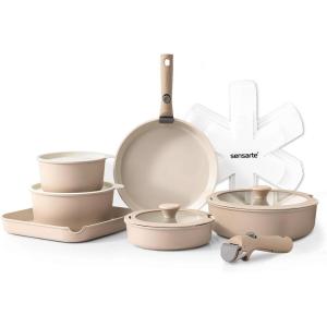 imageSENSARTE 17 Piece Pots and Pans Set Nonstick Detachable Handle Cookware Set Induction Kitchen Cookware Set with Removable Handle Healthy Non Stick for RV Dishwasher  Oven Safe PFOA Free WhiteAlmond Beige