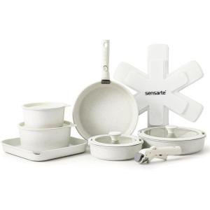 imageSENSARTE 17 Piece Pots and Pans Set Nonstick Detachable Handle Cookware Set Induction Kitchen Cookware Set with Removable Handle Healthy Non Stick for RV Dishwasher  Oven Safe PFOA Free WhiteWhite