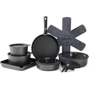 imageSENSARTE 17 Piece Pots and Pans Set Nonstick Detachable Handle Cookware Set Induction Kitchen Cookware Set with Removable Handle Healthy Non Stick for RV Dishwasher  Oven Safe PFOA Free WhiteBlack