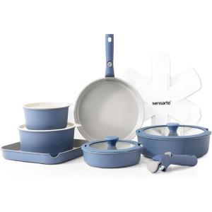 imageSENSARTE 17 Piece Pots and Pans Set Nonstick Detachable Handle Cookware Set Induction Kitchen Cookware Set with Removable Handle Healthy Non Stick for RV Dishwasher  Oven Safe PFOA Free WhiteNavy