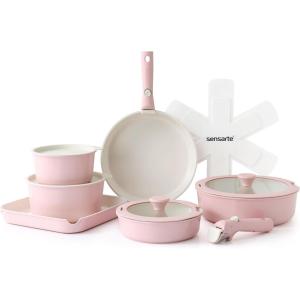 imageSENSARTE 17 Piece Pots and Pans Set Nonstick Detachable Handle Cookware Set Induction Kitchen Cookware Set with Removable Handle Healthy Non Stick for RV Dishwasher  Oven Safe PFOA Free WhitePink