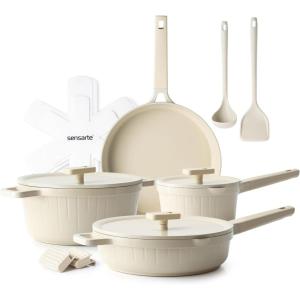 imageSENSARTE Ceramic Cookware Set Nontoxic 14 Pcs Nonstick Pots and Pans Set Dishwasher Safe Induction Cookware Healthy Kitchen Cooking Set wDiecast Lids PFOAPFASPTFE FreeCeramic White