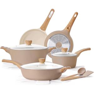 imageSENSARTE Ceramic Cookware Set Pots and Pans Set Non stick 14Piece Induction Cookware Non toxic Healthy Non Stick Kitchen Cooking Set with Frying Pans Set PFAS PTFE PFOA PFOS FreeTaupe
