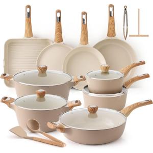 imageSENSARTE Ceramic Cookware Sets Pots and Pans Set Non stick Non toxic Healthy Induction Cookware 26 Pcs Nonstick Kitchen Cooking Set wFrying Pans Set Saucepans SetCeramic Taupe