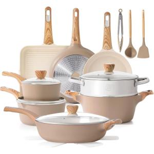 imageSENSARTE Ceramic Cookware Sets Pots and Pans Set Nonstick 20Piece Induction Cookware Nontoxic Healthy Non Stick Kitchen Cooking Set with StayCool Handles PFAS PTFE PFOA PFOS FreeCeramic Taupe