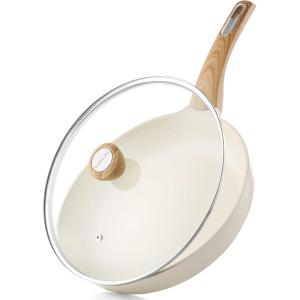 imageSENSARTE Ceramic Nonstick Frying Pan Skillet with Lid 8inch Non Stick Pan Omelet Pans Nontoxic Healthy Kitchen Cooking Chefs Pan Free of Intentionally Added PFASPTFE Induction Compatible TaupeCeramic White