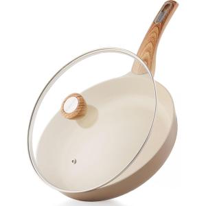 imageSENSARTE Ceramic Nonstick Frying Pan Skillet with Lid 8inch Non Stick Pan Omelet Pans Nontoxic Healthy Kitchen Cooking Chefs Pan Free of Intentionally Added PFASPTFE Induction Compatible TaupeCeramic Taupe