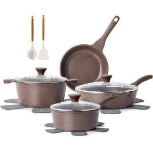 imageSENSARTE Nonstick Ceramic Cookware Set 13Piece Healthy Pots and Pans Set Nontoxic Kitchen Cooking Set with StayCool Handles Silicone Tools and Pot Protectors PFAS and PFOA FreeToffee Brown