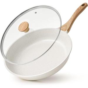imageSENSARTE Nonstick Ceramic Frying Pan with Lid 8951011125 Inch Omelet Pan Skillet Free of Intentionally Added PFASPTFE Nontoxic Chefs Pan Induction Compatible Pan Heat Resistant HandleWhite Ceramic