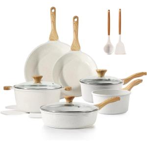 imageSENSARTE Nonstick Cookware Set 16Piece Healthy Pots and Pans Set Nonstick Kitchen Cooking Set with StayCool Handles Silicone Utensils and Pot Protectors PFOA FreeCeramic White