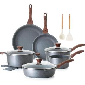imageSENSARTE Nonstick Cookware Set 16Piece Healthy Pots and Pans Set Nonstick Kitchen Cooking Set with StayCool Handles Silicone Utensils and Pot Protectors PFOA FreeGray