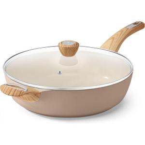 imageSENSARTE Nonstick Frying Pan Skillet with Lid 12 Inch Large Deep Frying Pan 5 Qt Non Stick Saute Pan with Cover Induction Pan Healthy Non Toxic Cooking Pan with Helper Handle PFOA PFOS FreeCeramic Taupe