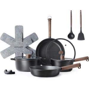 imageSENSARTE Pots and Pans Set Nonstick Cookware Set Kitchen Cooking Set Nonstick Dishwasher ampamp Oven Safe Induction Compatible Free of Intentionally Added PFOAPFOS 13pcs BlackNight Black