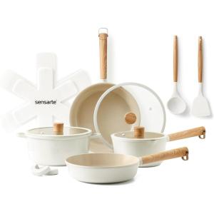 imageSENSARTE Pots and Pans Set Nonstick Cookware Set Kitchen Cooking Set Nonstick Dishwasher ampamp Oven Safe Induction Compatible Free of Intentionally Added PFOAPFOS 13pcs BlackCream Ceramic