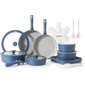 imageSENSARTE 24 Piece Pots and Pans Set Nonstick Detachable Handle Cookware Induction Kitchen Cookware Set with Removable Handle Healthy Non Stick for RV Dishwasher  Oven Safe WhiteNavy