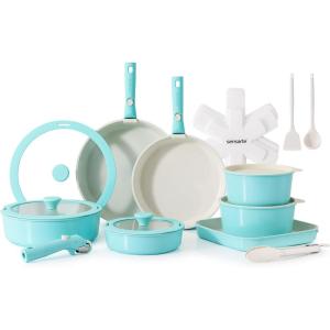 imageSENSARTE 24 Piece Pots and Pans Set Nonstick Detachable Handle Cookware Induction Kitchen Cookware Set with Removable Handle Healthy Non Stick for RV Dishwasher  Oven Safe WhiteTurquoise