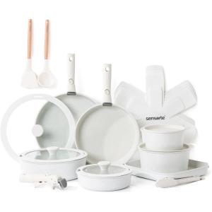 imageSENSARTE 24 Piece Pots and Pans Set Nonstick Detachable Handle Cookware Induction Kitchen Cookware Set with Removable Handle Healthy Non Stick for RV Dishwasher  Oven Safe WhiteWhite