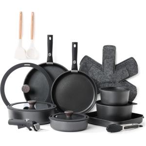 imageSENSARTE 24 Piece Pots and Pans Set Nonstick Detachable Handle Cookware Induction Kitchen Cookware Set with Removable Handle Healthy Non Stick for RV Dishwasher  Oven Safe WhiteBlack