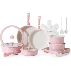 imageSENSARTE 24 Piece Pots and Pans Set Nonstick Detachable Handle Cookware Induction Kitchen Cookware Set with Removable Handle Healthy Non Stick for RV Dishwasher  Oven Safe WhitePink