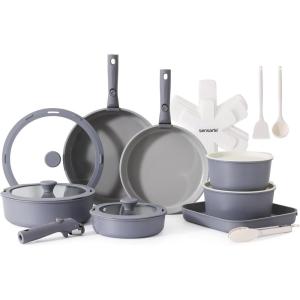 imageSENSARTE 24 Piece Pots and Pans Set Nonstick Detachable Handle Cookware Induction Kitchen Cookware Set with Removable Handle Healthy Non Stick for RV Dishwasher  Oven Safe WhiteGray