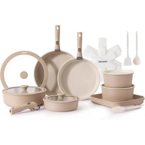 imageSENSARTE 24 Piece Pots and Pans Set Nonstick Detachable Handle Cookware Induction Kitchen Cookware Set with Removable Handle Healthy Non Stick for RV Dishwasher  Oven Safe WhiteAlmond Beige