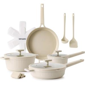 imageSENSARTE Ceramic Cookware Set Nontoxic 14 Pcs Nonstick Pots and Pans Set Dishwasher Safe Induction Cookware Healthy Kitchen Cooking Set PFOAPFASPTFE FreeVelvet White