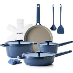 imageSENSARTE Ceramic Cookware Set Nontoxic 14 Pcs Nonstick Pots and Pans Set Dishwasher Safe Induction Cookware Healthy Kitchen Cooking Set wDiecast Lids PFOAPFASPTFE FreeCeramic Blue