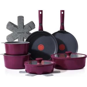 imageSENSARTE 17 Piece Pots and Pans Set Nonstick Detachable Handle Cookware Set Induction ThermoSignal Cookware Set with Removable Handle Healthy Non Stick for RV Dishwasher  Oven Safe BlackPurple
