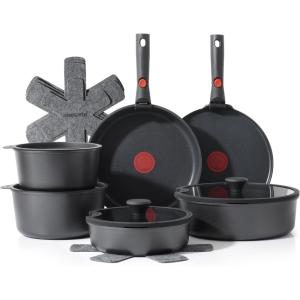 imageSENSARTE 17 Piece Pots and Pans Set Nonstick Detachable Handle Cookware Set Induction ThermoSignal Cookware Set with Removable Handle Healthy Non Stick for RV Dishwasher  Oven Safe BlackBlack