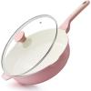 imageSENSARTE Nonstick Skillet with Lid 12inch 5QT Ceramic Deep Frying Pan Non Toxic Saute Pan with Lid Healthy Dishwasher Safe Cooking Pot Induction Pan with Staycool Handle PinkSakura Pink