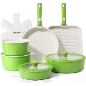 imageSENSARTE 17 Piece Ceramic Pots and Pans Set Nonstick Detachable Handle Cookware Induction Kitchen Cookware Set with Removable Handle Dishwasher  Oven Safe GreenGreen