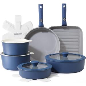 imageSENSARTE 17 Piece Ceramic Pots and Pans Set Nonstick Detachable Handle Cookware Induction Kitchen Cookware Set with Removable Handle Dishwasher  Oven Safe GreenNavy