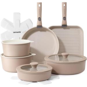 imageSENSARTE 17 Piece Ceramic Pots and Pans Set Nonstick Detachable Handle Cookware Induction Kitchen Cookware Set with Removable Handle Dishwasher  Oven Safe GreenAlmond Beige