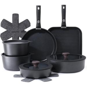 imageSENSARTE 17 Piece Ceramic Pots and Pans Set Nonstick Detachable Handle Cookware Induction Kitchen Cookware Set with Removable Handle Dishwasher  Oven Safe GreenBlack