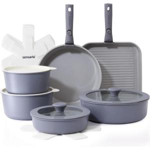 imageSENSARTE 17 Piece Ceramic Pots and Pans Set Nonstick Detachable Handle Cookware Induction Kitchen Cookware Set with Removable Handle Dishwasher  Oven Safe GreenGray