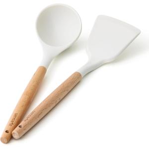 imageSENSARTE Kitchen Utensils 2Piece Silicone Cooking Utensils Silicone Spatula and Ladle with Wooden Handle White