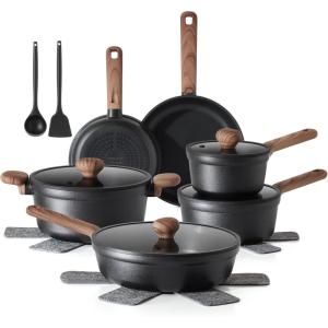 imageSENSARTE Nonstick Pots and Pans Set 17pcs Healthy Induction Cookware Set Kitchen Cooking Set with Skillets amp Saucepans Staycool Handles Dishwasher Safe PFOA PFOS Free Matte BlackMatte Black