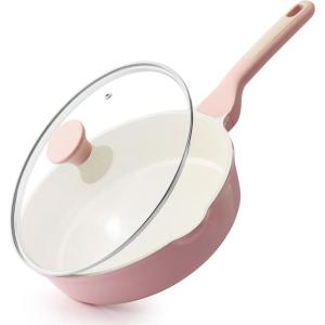 imageSENSARTE Nonstick Skillet with Lid 12inch 5QT Ceramic Deep Frying Pan Non Toxic Saute Pan with Lid Healthy Dishwasher Safe Cooking Pot Induction Pan with Staycool Handle PinkSakura Pink