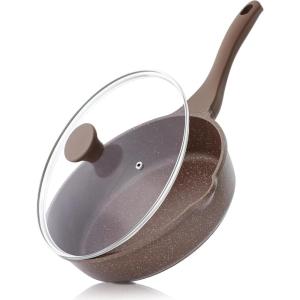 imageSENSARTE Nonstick Skillet with Lid 12inch 5QT Ceramic Deep Frying Pan Non Toxic Saute Pan with Lid Healthy Dishwasher Safe Cooking Pot Induction Pan with Staycool Handle PinkToffee Brown