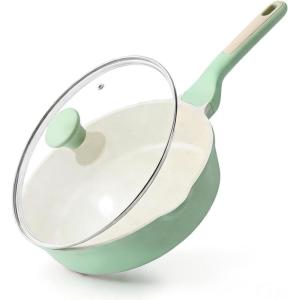 imageSENSARTE Nonstick Skillet with Lid 12inch 5QT Ceramic Deep Frying Pan Non Toxic Saute Pan with Lid Healthy Dishwasher Safe Cooking Pot Induction Pan with Staycool Handle PinkMint Green