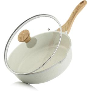 imageSENSARTE Nonstick Skillet with Lid 12inch 5QT Ceramic Deep Frying Pan Non Toxic Saute Pan with Lid Healthy Dishwasher Safe Cooking Pot Induction Pan with Staycool Handle PinkWhite Ceramic