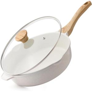 imageSENSARTE Nonstick Skillet with Lid 12inch 5QT Ceramic Deep Frying Pan Non Toxic Saute Pan with Lid Healthy Dishwasher Safe Cooking Pot Induction Pan with Staycool Handle PinkCeramic White