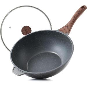 imageSENSARTE Nonstick Wok Pan with Lid 11inch Healthy Stirfry Pan Induction Cookware with Swiss Granite Coating Deep Frying Pan Skillet with Staycool Handle PFOA FreeGray
