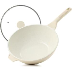 imageSENSARTE Nonstick Wok Pan with Lid 11inch Healthy Stirfry Pan Induction Cookware with Swiss Granite Coating Deep Frying Pan Skillet with Staycool Handle PFOA FreeCream White