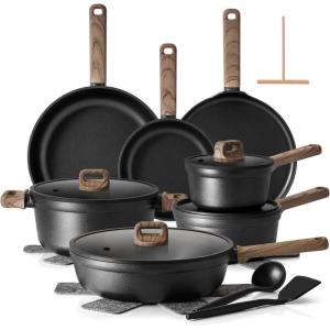 imageSENSARTE 20Pcs Nonstick Pots and Pans Set Black Non Stick Cookware Set Healthy Kitchen Cooking Set Induction Compatible Dishwasher Safe PFOAPFOS FreeMidnight Black