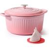 imageSENSARTE Enameled Cast Iron Dutch Oven Pot with Lid 55 Quart HeavyDuty Round Dual Handles Kitchen Pot with Cotton Potholders amp Silicone Trivet Pot for Bread Baking Stews Braising Roasting Oven Safe up to 500F RedCoral Pink
