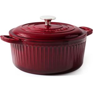 imageSENSARTE Enameled Cast Iron Dutch Oven Pot with Lid 55 Quart HeavyDuty Round Dual Handles Kitchen Pot with Cotton Potholders amp Silicone Trivet Pot for Bread Baking Stews Braising Roasting Oven Safe up to 500F RedBurgundy Red