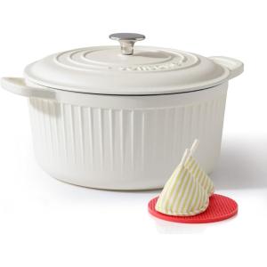 imageSENSARTE Enameled Cast Iron Dutch Oven Pot with Lid 55 Quart HeavyDuty Round Dual Handles Kitchen Pot with Cotton Potholders amp Silicone Trivet Pot for Bread Baking Stews Braising Roasting Oven Safe up to 500F RedMoonlight White